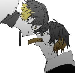 2boys black_hair black_jacket blonde_hair constricted_pupils covered_mouth dual_persona earrings eye_contact face-to-face from_side fur_trim hair_between_eyes highres holostars hood hood_down hoodie jacket jewelry looking_at_another looking_down looking_up male_focus mismatched_earrings multiple_boys partially_colored portrait profile sakusya2honda short_hair simple_background smirk tassel tassel_earrings turtleneck white_background wide-eyed yatogami_fuma yatogami_fuma_(1st_costume) yellow_eyes