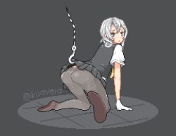 10s 1girl all_fours ass assisted_exposure asymmetrical_hair bad_id bad_pixiv_id black_pantyhose black_skirt blush clothes_lift female_focus from_behind gloves green_eyes hook kantai_collection kuavera long_hair looking_back lowres nowaki_(kancolle) panties panties_under_pantyhose pantyhose pixel_art pleated_skirt school_uniform silver_hair skirt skirt_lift solo thighband_pantyhose twitter_username underwear vest white_gloves white_panties