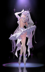 Rule 34 | 1girl, absurdres, alternate costume, arm up, ass, backless dress, backless outfit, ballerina, ballet, ballet slippers, black background, black tiara, bright pupils, bug, butterfly, castorice (honkai: star rail), dancer, dress, dress flower, elbow gloves, en pointe, flower, full body, garter straps, gloves, grey hair, hair flower, hair ornament, highres, honkai: star rail, honkai (series), insect, long hair, looking at viewer, multicolored hair, parted lips, pointy ears, purple butterfly, purple eyes, purple hair, simple background, solo, thighhighs, tiara, veil, very long hair, white dress, white flower, white garter straps, white gloves, white pupils, white thighhighs, white veil, yolanda