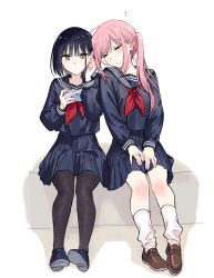 akinoko_(noco916) ankle_socks black_hair black_pantyhose blue_sailor_collar blue_skirt brown_shoes choppy_bangs closed_mouth commentary dot_mouth earbuds earphones hands_on_lap highres holding holding_phone leaning_on_person light_blush long_hair looking_at_phone medium_hair neckerchief nekozane_mugi pantyhose phone pink_hair pleated_skirt red_neckerchief sailor_collar school_uniform shoes side_ponytail sitting skirt sleeping slit_pupils socks symbol-only_commentary tonari_no_neko_to_koi_shirazu usagihara_momoka white_background yellow_eyes