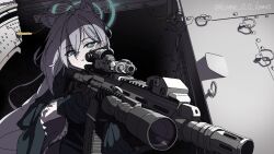 1girl ahoge aiming animal_ear_fluff animal_ears assault_rifle black_dress black_gloves blue_archive blue_halo cross_hair_ornament double-parted_bangs dress gloves green_eyes grey_hair gun hair_between_eyes hair_ornament halo highres holding holding_gun holding_weapon kame_0_0_kame long_hair looking_through_scope rifle shiroko_(blue_archive) shiroko_terror_(blue_archive) signature solo weapon weapon_request wide_sleeves wolf_ears