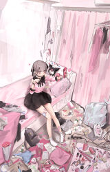 1girl backpack bag bandaid bandaid_on_leg black_choker black_nails black_skirt blood blood_on_arm blood_on_clothes blood_on_leg blood_stain bouquet breasts brown_hair can cellphone center-flap_bangs choker commentary_request cosmetics couch crazy curtains drink_can drinking_straw flower from_above gauze gauze_on_leg hair_ornament hair_straightener hairclip heart highres holding holding_phone indoors jirai_kei kanju kuromi loaded_interior long_hair magazine_(object) medium_breasts messy_room nail_polish nintendo_switch no_shoes off-shoulder_shirt off_shoulder on_couch onegai_my_melody open_mouth original outstretched_arm paper phone pink_eyes pink_shirt power_strip sanrio selfie shirt sitting skirt smartphone socks solo tissue_box trash_can two_side_up white_socks