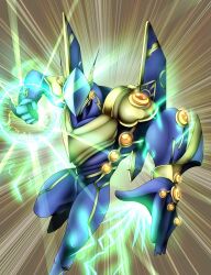 Rule 34 | 1girl, armor, clenched hand, cuirass, duel monster, electricity, elemental hero sparkman, fighting stance, gauntlets, gem, glowing, helmet, light rays, orange gemstone, pauldrons, ryuu (blackdeeno), shoulder armor, solo, visor (armor), yu-gi-oh!