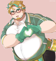 Rule 34 | 1boy, bara, belly, blush, facial hair, flower, glasses, goatee, green hair, hair flower, hair ornament, heart, heart-shaped boob challenge, heart hands, highres, hippolytus (housamo), jacket, large pectorals, looking at viewer, male focus, medium sideburns, multicolored hair, pectorals, pump, saund r pu, short hair, sideburns stubble, solo, streaked hair, stubble, thick eyebrows, tokyo houkago summoners, track jacket, two-tone beard