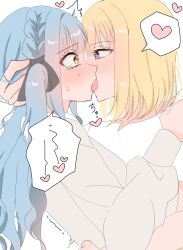 2girls bang_dream! bang_dream!_it&#039;s_mygo!!!!! black_ribbon blonde_hair blue_hair blush commentary eye_contact french_kiss hair_ribbon heart highres kiss long_hair long_sleeves looking_at_another medium_hair misumi_uika multiple_girls paku_(yhq28jg1) purple_eyes ribbon shirt simple_background spoken_heart tears togawa_sakiko tongue tongue_out two_side_up white_background white_shirt yellow_eyes yuri
