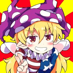 1girl absurdres american_flag american_flag_dress american_flag_print american_flag_shirt blonde_hair blush clownpiece fairy fairy_wings female_focus flag_print frilled_shirt_collar frills hat highres jester_cap long_hair neck_ruff pink_eyes pointy_ears polka_dot print_shirt shikuma shirt smile solo star_(symbol) star_print touhou v very_long_hair wings