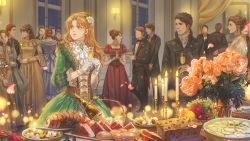6+boys 6+girls audrey_hall black_coat black_hair black_neckwear blonde_hair bottle bow bowtie bread breasts brown_eyes brown_hair cake candelabra candlelight candlestand chinese_commentary cleavage coat commentary_request corset cup curtains drawing_(object) dress earrings faceless faceless_female faceless_male flower food gem glass gloves green_dress green_eyes green_gemstone hair_flower hair_ornament holding holding_cup indoors jewelry kuidaidai lamp long_hair looking_at_another looking_away looking_to_the_side lord_of_the_mysteries meat multiple_boys multiple_girls necklace night red_hair salad salad_bowl short_hair smile tuxedo vase wall white_gloves window wine_bottle yellow_dress
