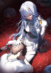 Rule 34 | 1boy, 1girl, ayanami rei, blue hair, bodysuit, breasts, brown hair, evangelion: 3.0+1.0 thrice upon a time, highres, ikari shinji, interface headset (evangelion), long hair, looking at another, mecha pilot suit, medium breasts, multiple persona, neon genesis evangelion, nishizawa, partially submerged, plugsuit (evangelion), rebuild of evangelion, red eyes, shirt, sitting, smile, solo focus, wariza, white bodysuit, white shirt