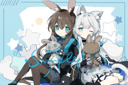 Rule 34 | 2girls, amiya (arknights), animal ear fluff, animal ears, arknights, black pantyhose, blue eyes, brown hair, cat ears, cat girl, chinese commentary, choshanland plushy (arknights), closed mouth, commentary request, dress, green eyes, grey hair, highres, holding, holding stuffed toy, looking at viewer, multiple girls, one eye closed, pantyhose, rabbit ears, rabbit girl, rosmontis (arknights), smile, stuffed animal, stuffed rabbit, stuffed toy, white dress, yin zhi duo he shui