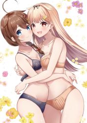 2girls ahoge bikini black_bikini black_bra black_panties black_ribbon blonde_hair blue_eyes bra braid breasts brown_hair closed_mouth fang floral_background flower hair_between_eyes hair_flaps hair_ornament hair_over_shoulder hair_ribbon hairclip hug kantai_collection long_hair mashiro_aa medium_breasts multiple_girls open_bra open_mouth panties red_eyes red_ribbon ribbon shigure_(kancolle) skin_fang swimsuit underwear underwear_only yellow_bikini yellow_bra yellow_panties yuudachi_(kancolle)