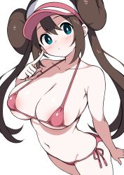 1girl bikini blue_eyes breasts brown_hair commentary_request double_bun ecgg_(tsuji418477) hair_bun highres large_breasts long_hair looking_at_viewer micro_bikini nintendo pokemon pokemon_bw2 red_bikini rosa_(pokemon) side-tie_bikini_bottom simple_background solo swimsuit twintails visor_cap white_background