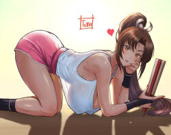 Rule 34 | 1girl, all fours, bare shoulders, blush, breasts, brown eyes, brown hair, commentary request, covered erect nipples, dolphin shorts, elbow rest, fatal fury, feet out of frame, folded fan, folding fan, from side, hand fan, head rest, heart, high ponytail, highres, holding, holding fan, large breasts, long hair, looking at viewer, looking to the side, motoyui, official alternate costume, parted lips, pink shorts, ponytail, see-through clothes, see-through shirt, shiranui mai, shirt, shorts, solo, street fighter, street fighter 6, tank top, tomo eokaiteru, white tank top, wooden floor