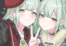 2girls arm_at_side ascot bang_dream! bang_dream!_it&#039;s_mygo!!!!! beret black_background black_choker black_shirt blue_shirt blunt_bangs blush choker closed_mouth commentary_request dual_persona earrings frilled_choker frilled_shirt_collar frills green_hair hair_ornament hairclip hands_up hat heads_together heart highres houji_tea_latte jewelry long_hair looking_at_viewer mortis_(bang_dream!) mortis_(costume)_(bang_dream!) mortis_(persona)_(bang_dream!) multiple_girls plaid_clothes plaid_shirt portrait reaching reaching_towards_viewer red_hat red_vest selfie shirt side-by-side simple_background smile tilted_headwear v vest wakaba_mutsumi white_ascot yellow_eyes