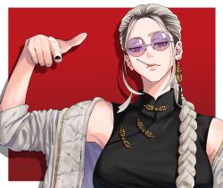 Rule 34 | 1girl, black dress, braid, braided ponytail, cigarette, dress, earrings, gokurakugai, grey hair, highres, jacket, jewelry, knew nothing, long hair, looking at viewer, off shoulder, purple-tinted eyewear, purple eyes, round eyewear, single earring, smoking, solo, tao (gokurakugai), tinted eyewear, white jacket