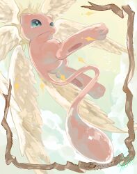 absurdres angel_wings artist_name colored_skin flying from_below gen_1_pokemon green_eyes highres legendary_pokemon looking_down mew_(pokemon) mythical_pokemon nintendo no_humans pink_skin pokemon pokemon_(creature) st_strp wings