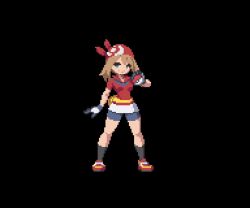 1girl animated bandana bike_shorts bike_shorts_under_skirt black_background black_gloves black_shorts blue_eyes breasts brown_hair closed_mouth collared_shirt fanny_pack full_body gloves hands_up holding holding_poke_ball jumping knees_together_feet_apart may_(pokemon) medium_breasts nintendo open_mouth pixel_art poke_ball poke_ball_(basic) pokemon pokemon_rse red_bandana red_shirt red_shoes sesuji07 shirt shoes short_hair short_sleeves shorts sidelocks simple_background skirt smile sneakers solo spread_legs squatting standing tagme video w_arms white_skirt yellow_bag
