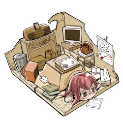 1girl chibi crack cracked_wall female_focus glasses kotatsu kubocha lying on_stomach original solo table