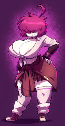 1girl ahoge bigdad breasts cleavage closed_mouth covered_eyes fingerless_gloves full_body gazlene_membrane gloves hair_over_eyes hand_on_own_hip highres huge_breasts invader_zim navel purple_background purple_hair shirt shoes short_sleeves simple_background skirt solo standing thick_thighs thighs tied_shirt