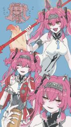 1girl armlet armor bare_shoulders black_bow blush bodysuit bow breastplate breasts can closed_eyes collar commentary drink_can facing_viewer hair_between_eyes hair_bow hairband hashtag-only_commentary headgear highres holding holding_can holding_polearm holding_weapon jewelry korooo6 long_hair lupa_(wuthering_waves) medium_breasts metal_collar metal_hairband multiple_hair_bows multiple_views open_mouth pink_hair polearm red_pupils red_sash sash smile twintails v-shaped_eyebrows weapon white_bodysuit wuthering_waves yellow_eyes