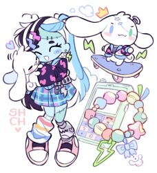 1other ^_^ aqua_skin bead_bracelet beads belt belt_charm black_hair blue_hair bracelet cardigan cellphone charm_(object) cinnamoroll closed_eyes colored_skin commentary cosplay creature crossover frankie_stein frankie_stein_(cosplay) full_body fuwa_fuwa_cinnamoroll heterochromia highres holding holding_creature jewelry lightning_bolt_symbol long_hair monster_high monster_high_(g3) multicolored_hair open_cardigan open_clothes other_focus phone plaid_clothes plaid_skirt sanrio screw sharpycharot simple_background skateboard skirt standing very_long_hair white_background white_hair
