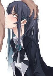 1boy 1girl absurdres ado_(utaite) bar_censor black_bow black_hair blue_eyes blue_hair blush bow censored chando_(ado) clothed_female_nude_male collared_shirt colored_inner_hair commentary_request cum cum_in_mouth deepthroat ekibyoudayo fellatio hand_on_another&#039;s_head hetero highres irrumatio long_hair looking_at_viewer multicolored_hair nude oral paid_reward_available penis saliva shirt sidelocks simple_background solo tearing_up utaite variant_set white_background white_shirt