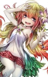 Rule 34 | 1girl, absurdres, bare shoulders, blonde hair, bracelet, breasts, collarbone, duel monster, feet out of frame, flower, gradient hair, hair flower, hair ornament, highres, jewelry, long hair, miniskirt, monster girl, multicolored hair, navel, open mouth, orange hair, plant girl, purple eyes, purple flower, simple background, skirt, small breasts, smile, solo, sorozukin, stomach, traptrix nepenthes, very long hair, white background, yu-gi-oh!