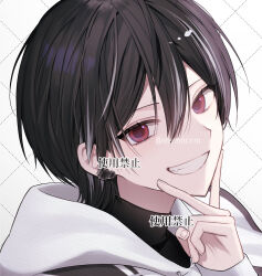 Rule 34 | 1boy, black hair, black shirt, collared shirt, commentary request, commission, fang, four-leaf clover earrings, hair between eyes, hand on own chin, hand up, highres, hood, hoodie, kumo tabetai, looking at viewer, medium hair, original, parted lips, red eyes, shirt, smile, solo, teeth, v, watermark, white hoodie