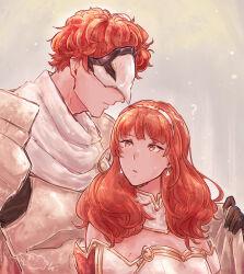 1boy 1girl armor black_gloves breastplate breasts brother_and_sister cape celica_(fire_emblem) cleavage conrad_(fire_emblem) earrings fire_emblem fire_emblem_echoes:_shadows_of_valentia gloves herdwicoco jewelry knight long_hair mask medium_breasts nintendo orange_eyes orange_hair princess red_eyes red_hair short_hair siblings tiara white_armor