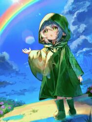 1girl :o alternate_costume blue_sky blush boots cloud commentary day genshin_impact green_boots green_eyes green_raincoat hand_up highres hood hood_up long_hair long_sleeves nahida_(genshin_impact) new_(new_gnsn) open_mouth outdoors pointy_ears rainbow raincoat rubber_boots sky solo star-shaped_pupils star_(symbol) symbol-only_commentary symbol-shaped_pupils walking watermark white_hair