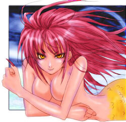 1girl 2000s_(style) breasts commentary_request completely_nude convenient_arm feliciel fingernails large_breasts long_hair looking_at_viewer lowres mermaid monster_girl nude obeaune orange_eyes pink_hair ragnarok_online red_nails sharp_fingernails smile solo upper_body v-shaped_eyebrows