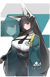 1girl animal_ears aqua_jacket black_gloves black_hair black_necktie black_skirt braid breasts collared_shirt fingerless_gloves fox_ears fox_girl gloves half_up_braid high-waist_skirt hoshimi_miyabi jacket large_breasts long_hair looking_at_viewer necktie orange_eyes qiangwei796 shirt shirt_tucked_in skirt solo very_long_hair white_shirt wide_sleeves zenless_zone_zero