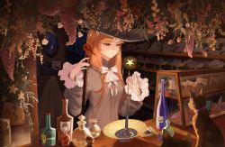 1girl animal animal_skull ascot bad_id bad_pixiv_id bag black_cat black_dress black_headwear bookshelf bottle bow bowl bowtie breasts cane cat commentary_request counter crystal drawing_(object) dress floating flower frilled_sleeves frills gem glass glowing half-closed_eyes hands_up hanging_flower hanging_plant hat herb_bundle highres holding holding_cane indoors levitation long_hair long_sleeves marico night orange_hair original paper paper_bag picture_frame powder purple_eyes purple_gemstone shelf skull star_(symbol) table upper_body white_ascot white_bow white_bowtie witch_hat wizard wooden_table