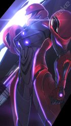 1girl arm_cannon armor assault_visor highres metroid metroid_prime_4:_beyond nintendo power_suit power_suit_(metroid) purple_visor samus_aran shoulder_armor signature solo solo_focus teke weapon