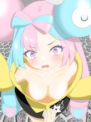Rule 34 | 1boy, 1girl, absurdres, blue hair, bow-shaped hair, breasts, bright pupils, character hair ornament, collarbone, commentary request, day, eyelashes, hair ornament, highres, iono (pokemon), jacket, jacket tug, long hair, majikichi915, nintendo, nipples, no shirt, open mouth, outdoors, pink eyes, pink hair, pokemon, pokemon sv, star (symbol), star print, twintails, white pupils, yellow jacket