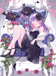 Rule 34 | 1girl, ;d, alcohol, alternate costume, animal ears, bibi (tokoyami towa), black dress, black flower, black shoes, colored inner hair, commentary request, cup, curtains, demon girl, demon tail, dress, drinking glass, fangs, flower, full body, fur shawl, gradient hair, green eyes, green nails, hair flower, hair ornament, high heels, highres, holding, holding cup, hololive, indoors, knees up, leg tattoo, long hair, looking at viewer, multicolored hair, nail polish, one eye closed, open mouth, piercing, pink flower, pink hair, pink nails, pointy ears, purple hair, shawl, shoes, sitting sideways, smile, solo, strappy heels, tail, tail ornament, tail piercing, tattoo, tokoyami towa, virtual youtuber, wine, wine glass, yuzuriha (nx e78)