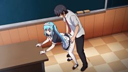 1boy 1girl animated animated_gif apron aqua_hair ass ass_grab bent_over bouncing_breasts breasts breasts_out censored chalkboard classroom clothed_sex clothes_lift dress dress_lift hetero highres large_breasts maid maid_headdress mesu_kyoushi_4 nipples poro sex standing standing_sex takamine_miyu teacher_and_student thighhighs twintails white_thighhighs wrist_cuffs