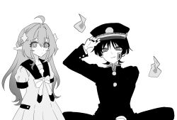 Rule 34 | 1boy, 1girl, :&lt;, absurdres, ahoge, alternate costume, alternate hairstyle, arm up, arms behind back, bad id, bad twitter id, blunt ends, bow, braid, closed mouth, cosplay, cross-shaped pupils, dong yo0, dress, eyelashes, fingernails, gakuran, gakuseibou, genshin impact, greyscale, hair between eyes, hair down, hair intakes, hair ornament, hairclip, half up half down braid, hanako (jibaku shounen hanako-kun), hanako (jibaku shounen hanako-kun) (cosplay), hat, highres, hitodama, jibaku shounen hanako-kun, kamome gakuen school uniform, large bow, layered sleeves, long sleeves, looking at viewer, monochrome, nahida (genshin impact), ofuda, peaked cap, pointy ears, puffy sleeves, sailor collar, scaramouche (genshin impact), school uniform, short sleeves, sitting, symbol-shaped pupils, tareme, tsurime, white background, wispy bangs, yashiro nene, yashiro nene (cosplay)