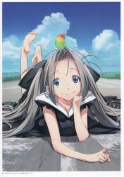 1girl 5pb. absurdres airi_(robotics;notes) animal animal_on_head barefoot bird black_bow black_dress blue_eyes blue_sky bow cloud cloudy_sky collarbone concrete day drawstring dress feet feet_up fukuda_tomonori grass grey_hair hair_between_eyes hair_bow highres hood hooded_dress hoodie index_finger_raised long_hair looking_at_viewer low_twintails lying official_art on_head on_stomach outdoors parrot pointing pointing_up ribbon robotics;notes runway short_sleeves sky smile soles solo stray_hair toes twintails very_long_hair white_hoodie