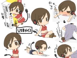 ? blush brown_hair chibi drunk hair_slicked_back meiko_(vocaloid) mini_person minigirl miniskirt multiple_views musical_note oharu pulling_another&#039;s_clothes simple_background skirt stomach translation_request usb v-shaped_eyebrows vocaloid white_background