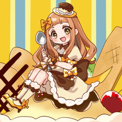 Rule 34 | 1girl, :d, blush, bow, brown dress, brown eyes, brown hair, brown socks, cherry, commentary request, dress, food, fruit, full body, hair bow, high heels, highres, holding, holding spoon, ichihara nina, idolmaster, idolmaster cinderella girls, idolmaster cinderella girls starlight stage, in food, long hair, looking at viewer, mini person, minigirl, open mouth, orange bow, pudding, puffy short sleeves, puffy sleeves, rino cnc, shoes, short sleeves, sitting, smile, socks, solo, spoon, striped bow, very long hair, yellow shoes