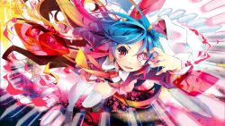 Rule 34 | 1girl, animal ears, blonde hair, blouse, blue hair, buttons, commentary request, danmaku, game cg, glowing, glowing eye, highres, kamiya yuu, loafers, long hair, long sleeves, looking at viewer, multicolored hair, necktie, official art, open mouth, pleated skirt, purple hair, rabbit ears, red eyes, red necktie, reisen udongein inaba, shirt, shoes, skirt, smile, solo, thighhighs, third-party source, touhou, touhou danmaku kagura, very long hair, white shirt, white thighhighs