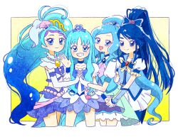 4girls :d blue_choker blue_eyes blue_hair blue_skirt blue_vest blush bow brooch butterfly_brooch butterfly_hair_ornament choker commentary_request cure_aqua cure_fontaine cure_marine cure_mermaid earrings gloves go!_princess_precure grin hair_ornament healin&#039;_good_precure heart heart_hair_ornament heartcatch_precure! high_ponytail holding_hands hoppetoonaka3 jewelry kaidou_minami kurumi_erika long_hair magical_girl midriff minazuki_karen multicolored_hair multiple_girls navel open_mouth ponytail precure puffy_sleeves sawaizumi_chiyu shell shell_earrings short_sleeves simple_background skirt smile streaked_hair two-tone_hair vest waving white_gloves wide_ponytail wrist_cuffs yes!_precure_5