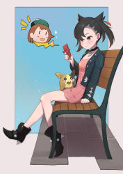 Rule 34 | 2girls, :d, asymmetrical bangs, bench, black choker, black footwear, black hair, black jacket, black nails, blush, blush stickers, boots, breasts, brown hair, cellphone, choker, cleavage, closed mouth, commentary request, dress, earrings, gen 4 pokemon, gen 8 pokemon, gloria (pokemon), green headwear, hair ribbon, hat, high heel boots, high heels, highres, holding, holding phone, jacket, jewelry, long sleeves, marnie (pokemon), morpeko, morpeko (full), multiple girls, nail polish, nintendo, notice lines, on bench, open clothes, open jacket, open mouth, park bench, phone, pink dress, pokemon, pokemon (creature), pokemon swsh, red ribbon, ribbon, rotom, rotom phone, sitting, sleeves past wrists, small breasts, smile, sparkle, tam o&#039; shanter, twintails, uneg