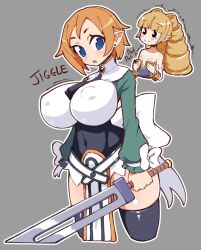 2girls archer_(disgaea) blonde_hair breast_envy breasts brown_hair disgaea huge_breasts impossible_clothes impossible_shirt large_breasts long_hair magic_knight_(disgaea) masked_agent multiple_girls nipples pointy_ears puffy_nipples shirt short_hair small_breasts thick_thighs thighs tight_clothes tight_shirt twintails wide_hips