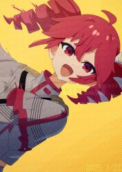 1girl ahoge belt black_belt bow double-parted_bangs drill_hair fin_gocco grey_jacket hair_between_eyes hair_bow hair_ribbon highres jacket kasane_teto kasane_teto_(sv) layered_sleeves leaning_forward leaning_to_the_side looking_at_viewer midriff_peek open_mouth red_eyes red_hair red_trim ribbon shoulder_belt shoulder_boards simple_background solo striped_clothes striped_jacket synthesizer_v twin_drills utau white_bow white_ribbon yellow_background