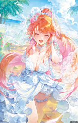 1girl alternate_costume alternate_hairstyle animal_ears bare_shoulders beach blue_sky breasts bride choker cleavage closed_eyes cloud colored_inner_hair commentary_request copyright_notice crying cumulonimbus_cloud day dotori_(seulseul) dress feathers flower frilled_dress frills hair_flower hair_ornament hand_up high_ponytail highres hololive hololive_english lace lace-trimmed_dress lace_choker lace_trim large_breasts layered_dress long_hair looking_at_viewer multicolored_hair ocean off-shoulder_dress off_shoulder official_art open_mouth orange_hair outdoors palm_tree pink_feathers pink_hair ponytail seashell shell short_hair side_slit sidelocks skirt_hold sky smile solo starfish strapless strapless_dress swept_bangs takanashi_kiara thigh_strap tree veil very_long_hair virtual_youtuber white_choker