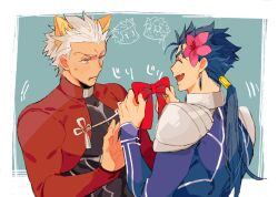 2boys animal_ears archer_(fate) black_bodysuit blue_bodysuit blue_hair blush bodysuit border bow cat_ears closed_eyes cu_chulainn_(fate) earrings fang fate/stay_night fate_(series) flower hair_flower hair_ornament holding holding_bow_(ornament) jewelry kemonomimi_mode male_focus multiple_boys ponytail tatsuta_age white_border white_hair yaoi