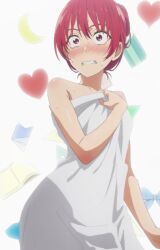 1girl anime_screenshot bare_shoulders blue_bow blush book bow collarbone dot_nose eraser female_focus hair_between_eyes hair_bun half_moon heart highres kanojo_mo_kanojo long_hair moon naked_towel pencil red_eyes red_hair ruler saki_saki_(kanojo_mo_kanojo) scared shoulder_blush simple_background single_hair_bun solo solo_focus stitched surprised sweat sweatdrop teeth third-party_edit towel white_background