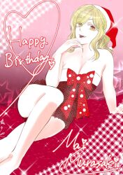 Rule 34 | 1girl, area no kishi, arm support, bare shoulders, barefoot, blonde hair, bow, breasts, brown eyes, character name, cleavage, feet out of frame, hand up, happy birthday, hat, highres, long hair, murasaki mai, red background, red bow, santa hat, solo, tongue, tongue out
