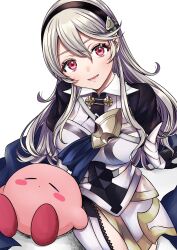 1girl absurdres arm_support armor armored_dress black_gloves black_hairband blue_cape breasts cape commentary_request crossover dress feet_out_of_frame female_corrin_(fire_emblem) fire_emblem fire_emblem_fates gloves grey_background grey_hair hair_between_eyes hairband head_tilt highres juliet_sleeves kirby kirby_(series) long_hair long_sleeves looking_at_viewer lower_teeth_only medium_breasts nintendo open_mouth pointy_ears puffy_short_sleeves puffy_sleeves red_eyes roroichi shadow short_sleeves sidelocks simple_background sitting sleeping super_smash_bros. teeth thighs